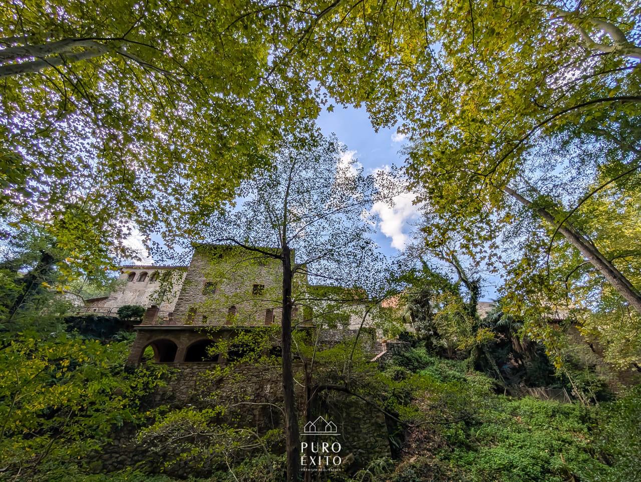 The house seen from below through trees, its arched stone terrace half-hidden in greenery.